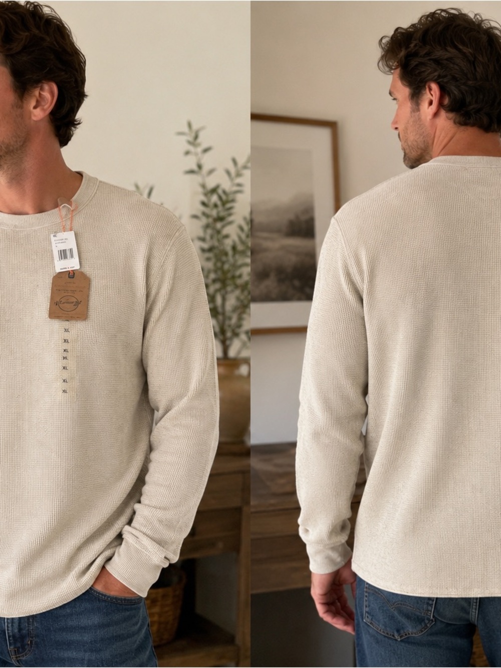 Men's Crewneck Waffle Knit Sweater in Cream from original weatherproof vintage.